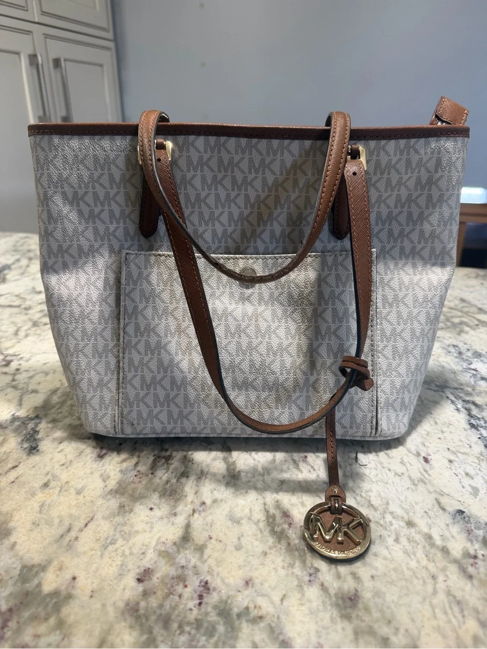 Michael Kors Jet Set Travel White Signature MK Tote with Brown Leather Trim